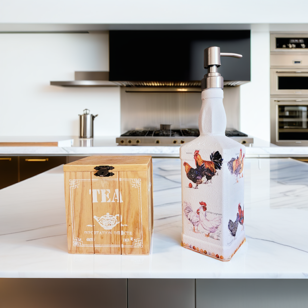 Chicken Soap Dispenser | Decoupage recycled glass | Quantock Inspiration
