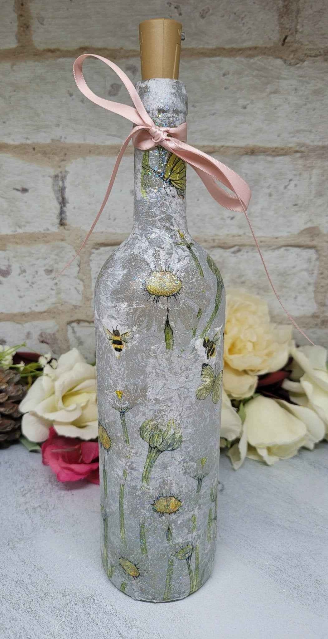 Bumble Bee and Daisies Bottle Lamp | Decoupage LED Light | Quantock Inspiration