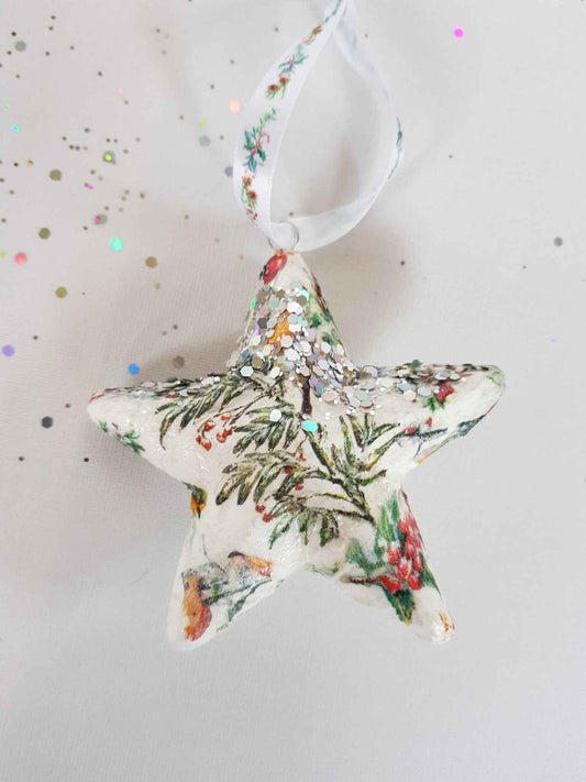 Star Christmas Baubles | Handmade Decoupage Set of Two | Quantock Inspiration