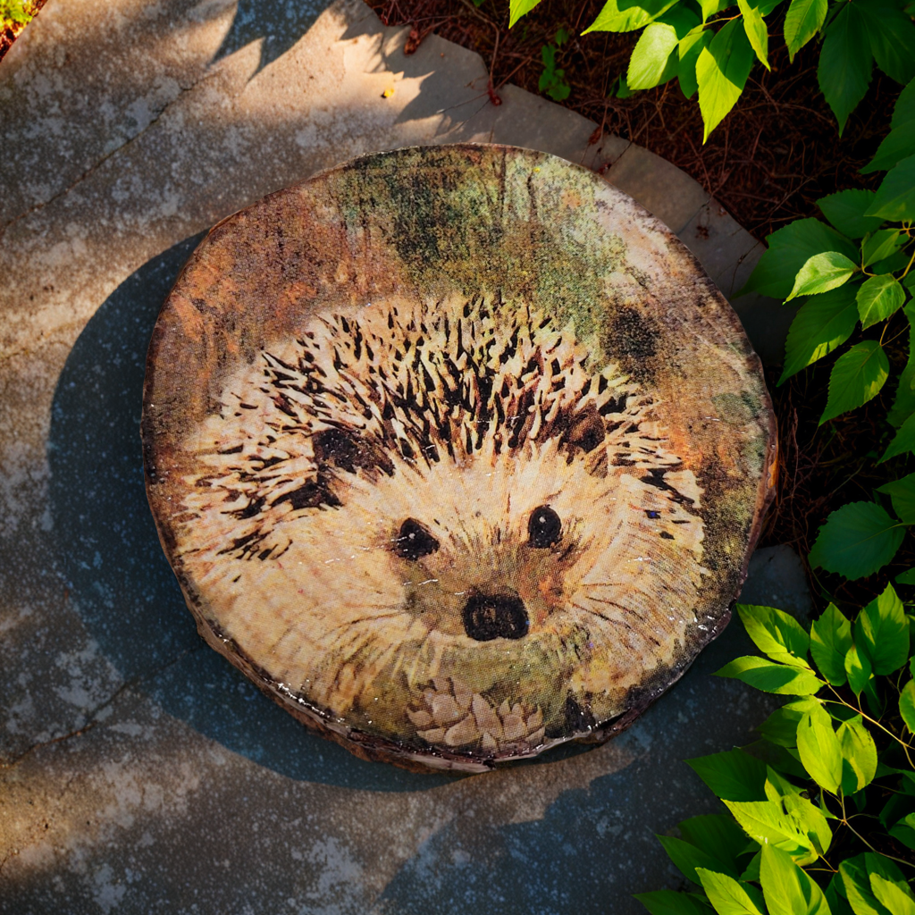 A round natural wood slice with a decoupage hedgehog design placed on a stone surface surrounded by green leaves.