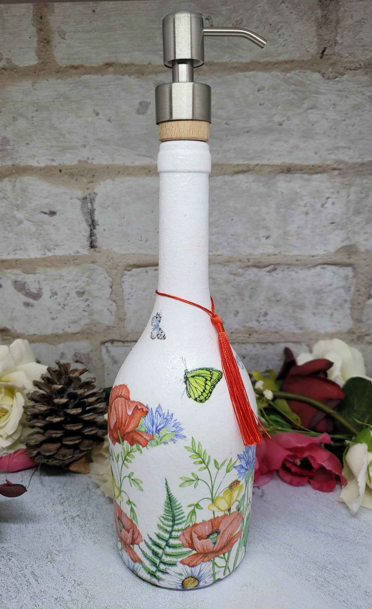 Floral Soap Dispenser | Decoupage Recycled Glass | Quantock Inspiration