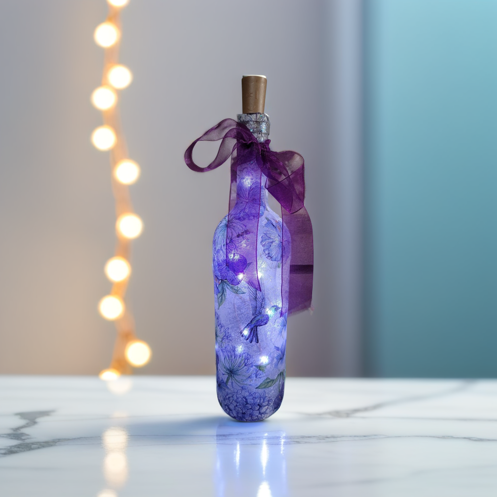 Hummingbird Bottle  | Decoupage LED Lighting | Quantock Inspiration