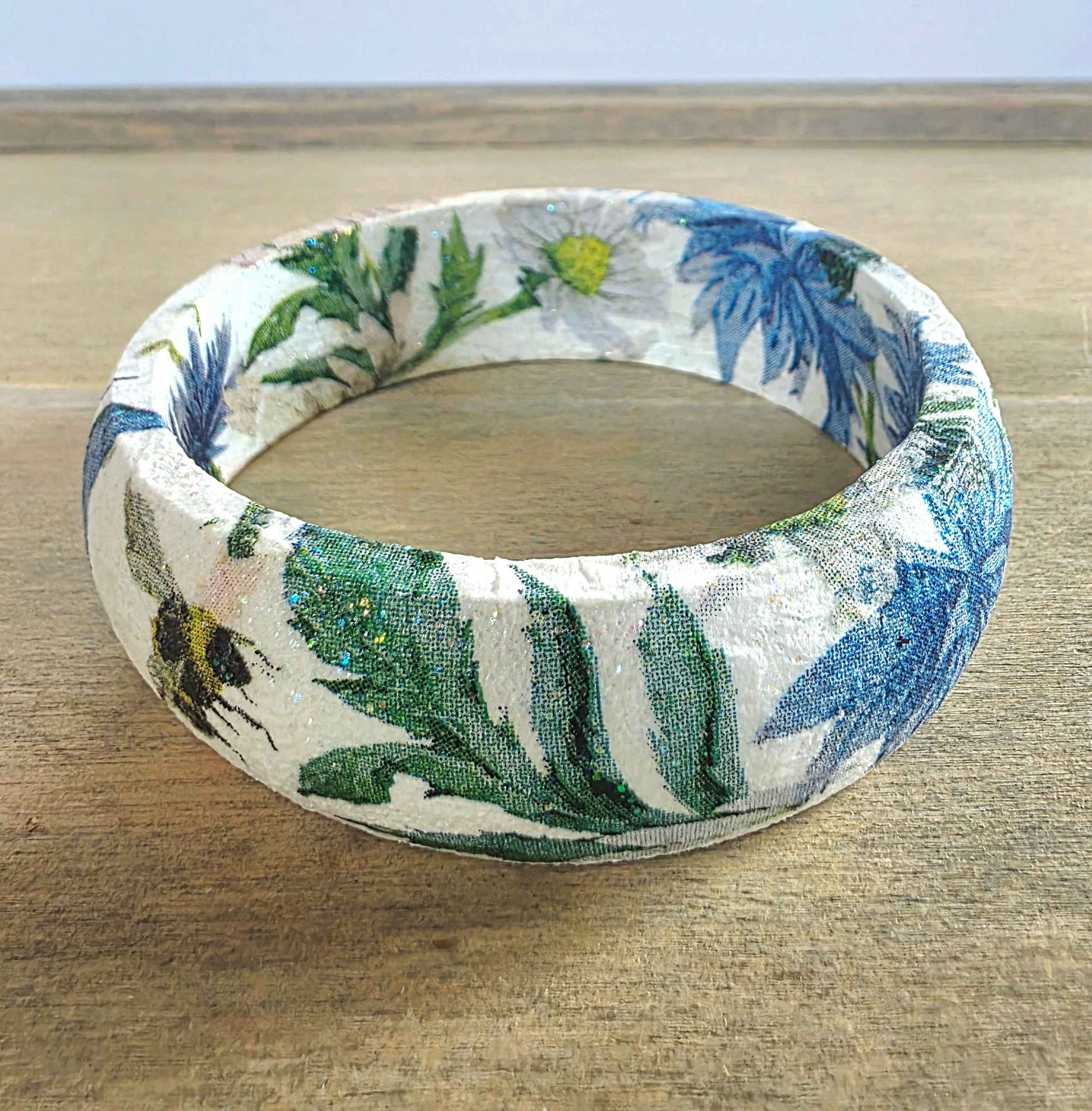 Wooden Floral Bangle | Decoupage Blue Butterfly Bracelet | Quantock Inspiration