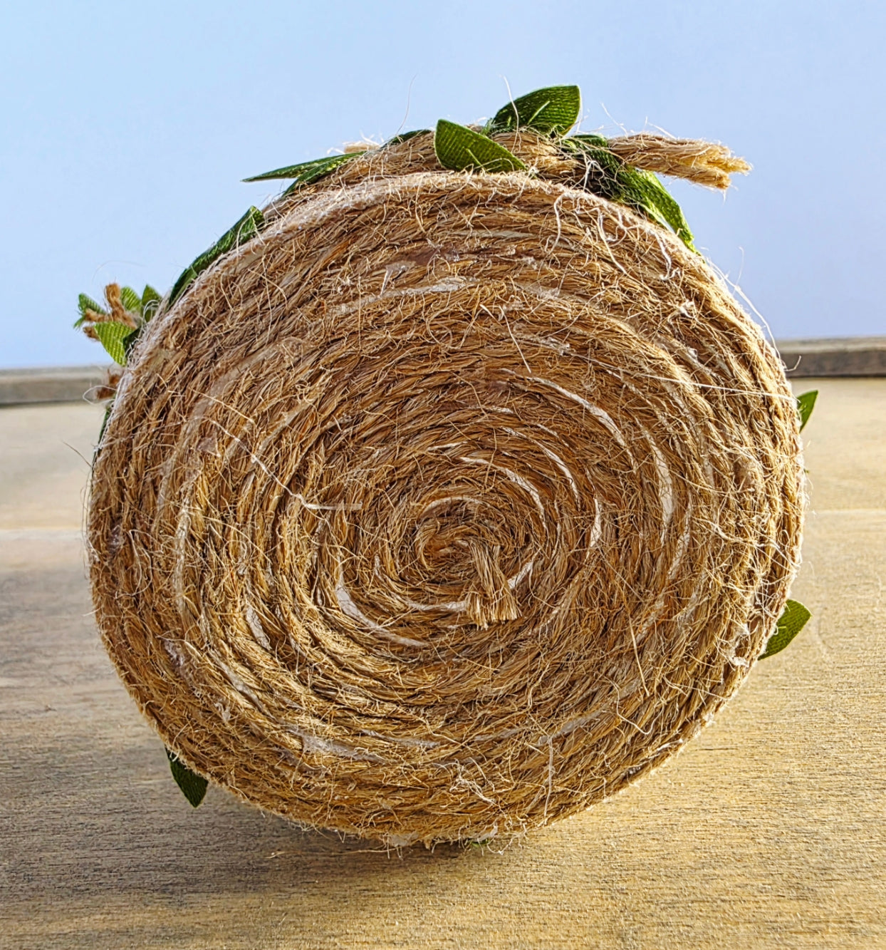 Rolled jute twine on the underside of a jar with green leaves on a wooden surface
