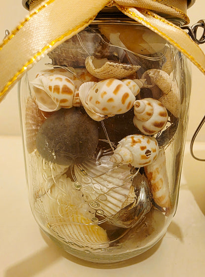 Glass jar filled with various shells and pebbles, a gold ribbon on a light background