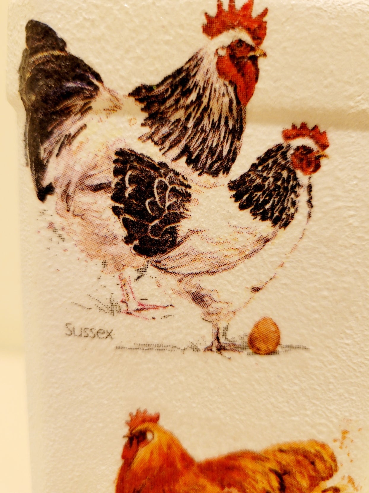 Black and white hen and brown hen on a white painted bottle
