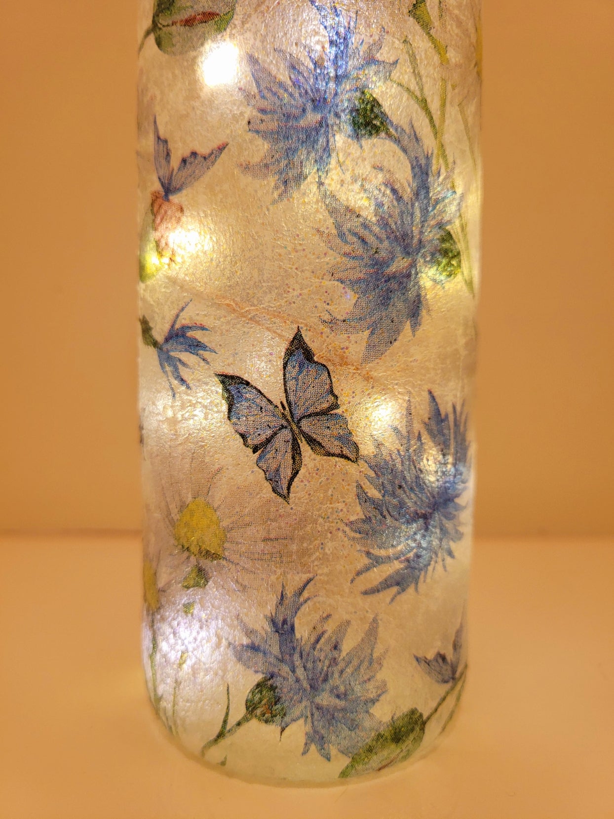 Decoupage Blue Flowers and Butterfly Bottle Lamp - Quantock Inspiration
