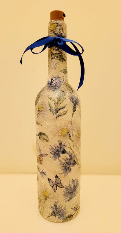 Decoupage Blue Flowers and Butterfly Bottle Lamp - Quantock Inspiration