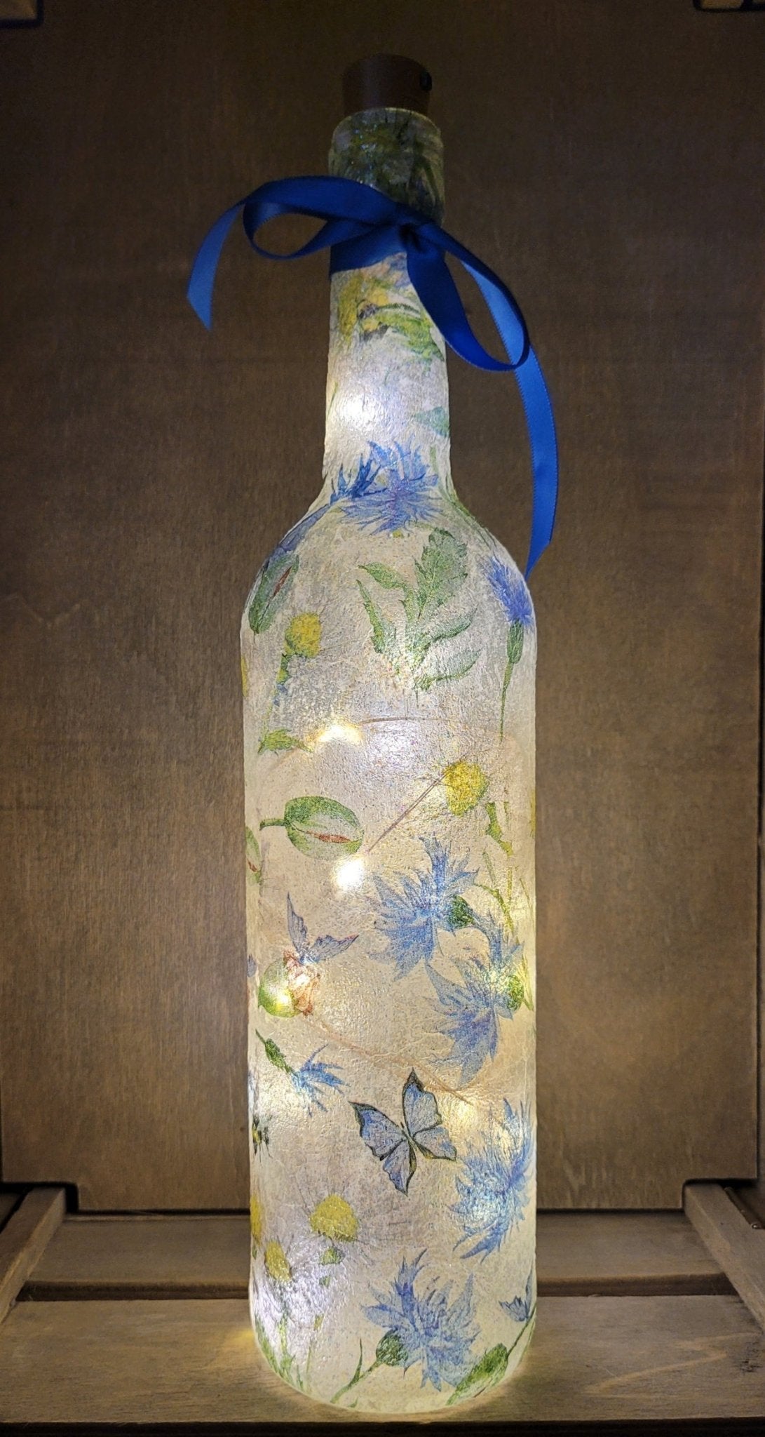 Decoupage Blue Flowers and Butterfly Bottle Lamp - Quantock Inspiration