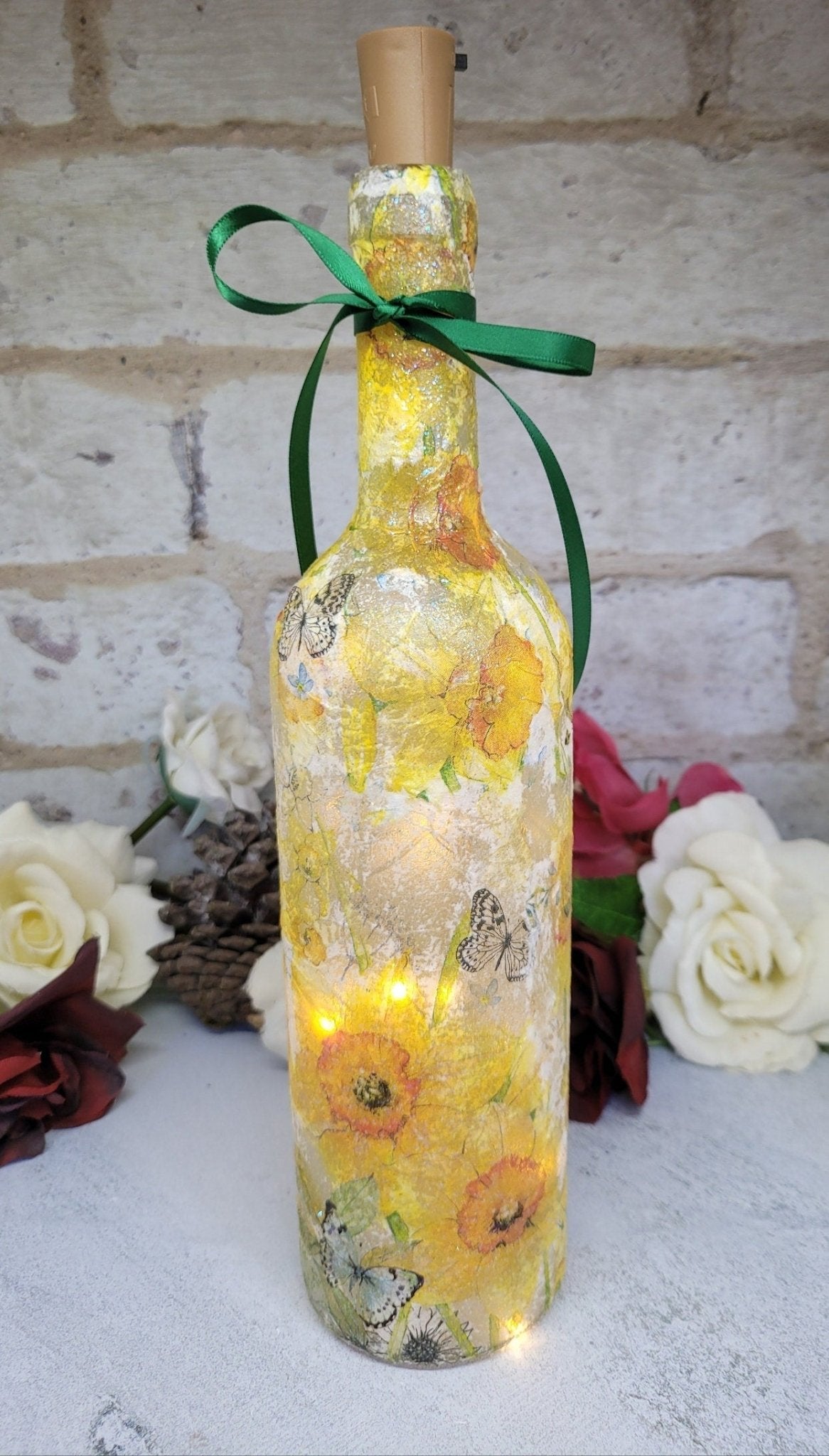 Decoupage Daffodil Wine Bottle Lamp - Quantock Inspiration