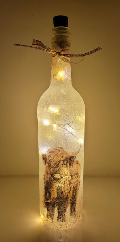 Lit up standard shape wine bottle with highland cow detailing on the front near the bottom. Gold ribbon tied around the neck of the bottle. Cork LED lights