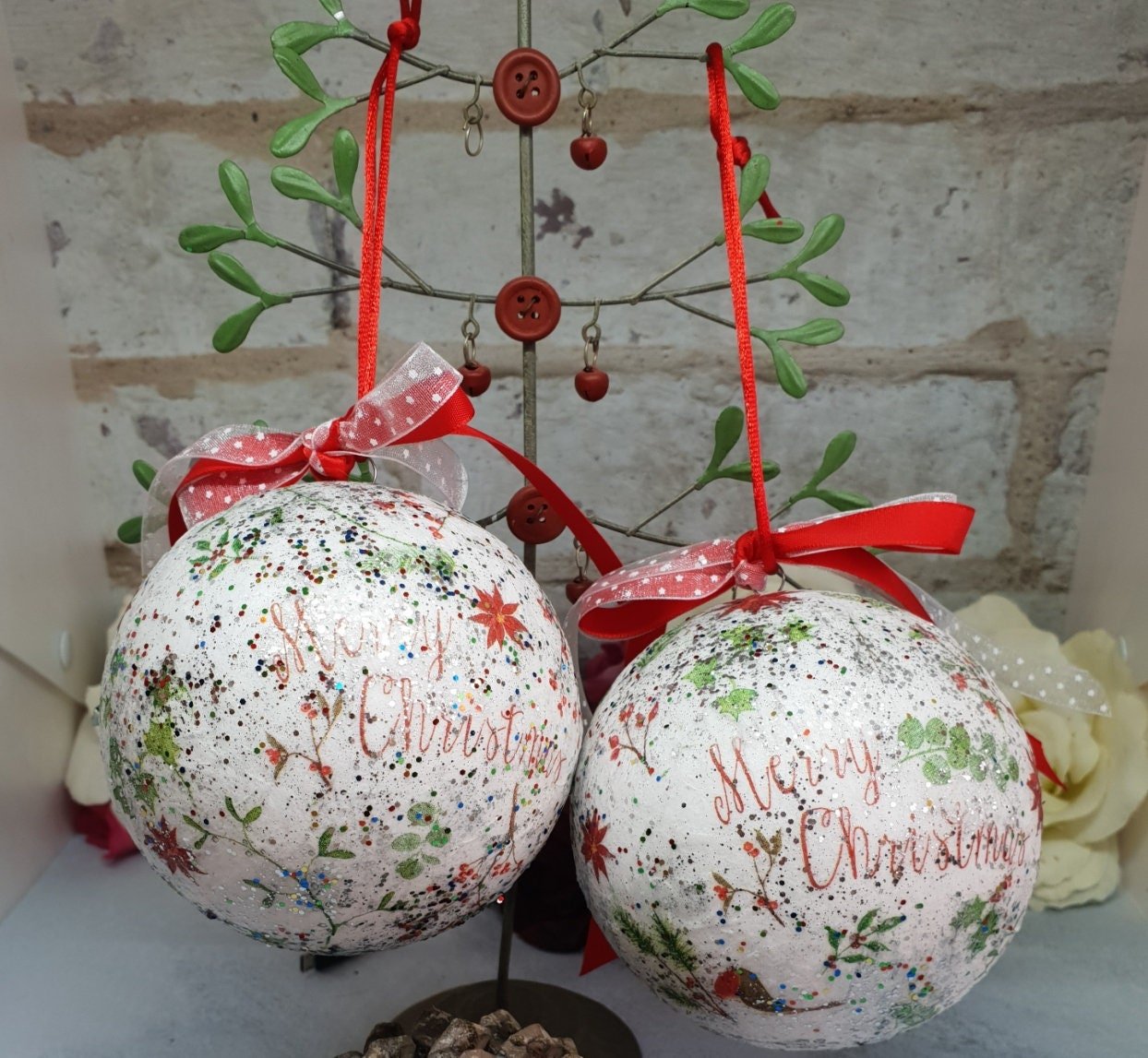 Decoupage Merry Christmas Baubles - Quantock Inspiration