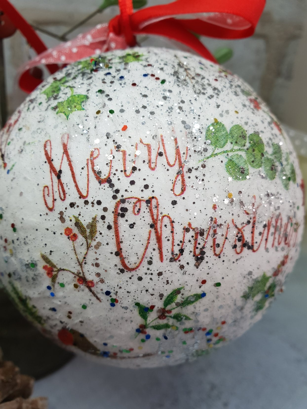 Decoupage Merry Christmas Baubles - Quantock Inspiration