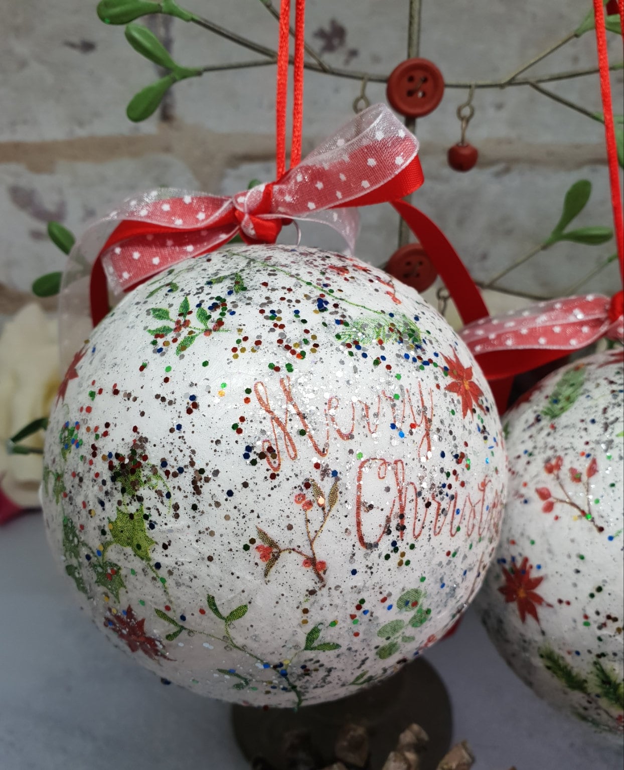Decoupage Merry Christmas Baubles - Quantock Inspiration