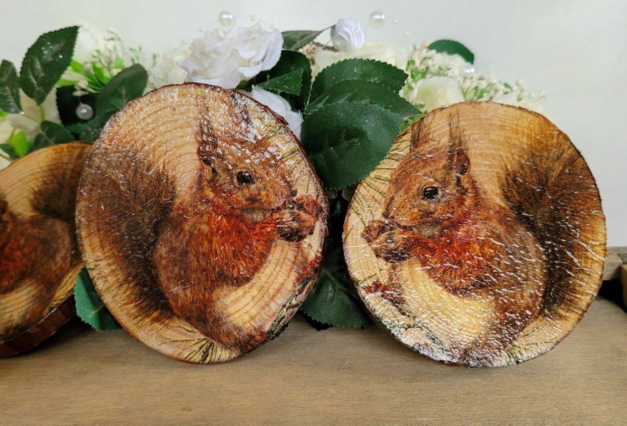 Decoupage Natural Wood Slice Squirrel Coasters - Quantock Inspiration