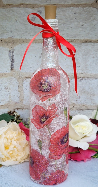 Decoupage Poppy Light Up Wine Bottle - Quantock Inspiration