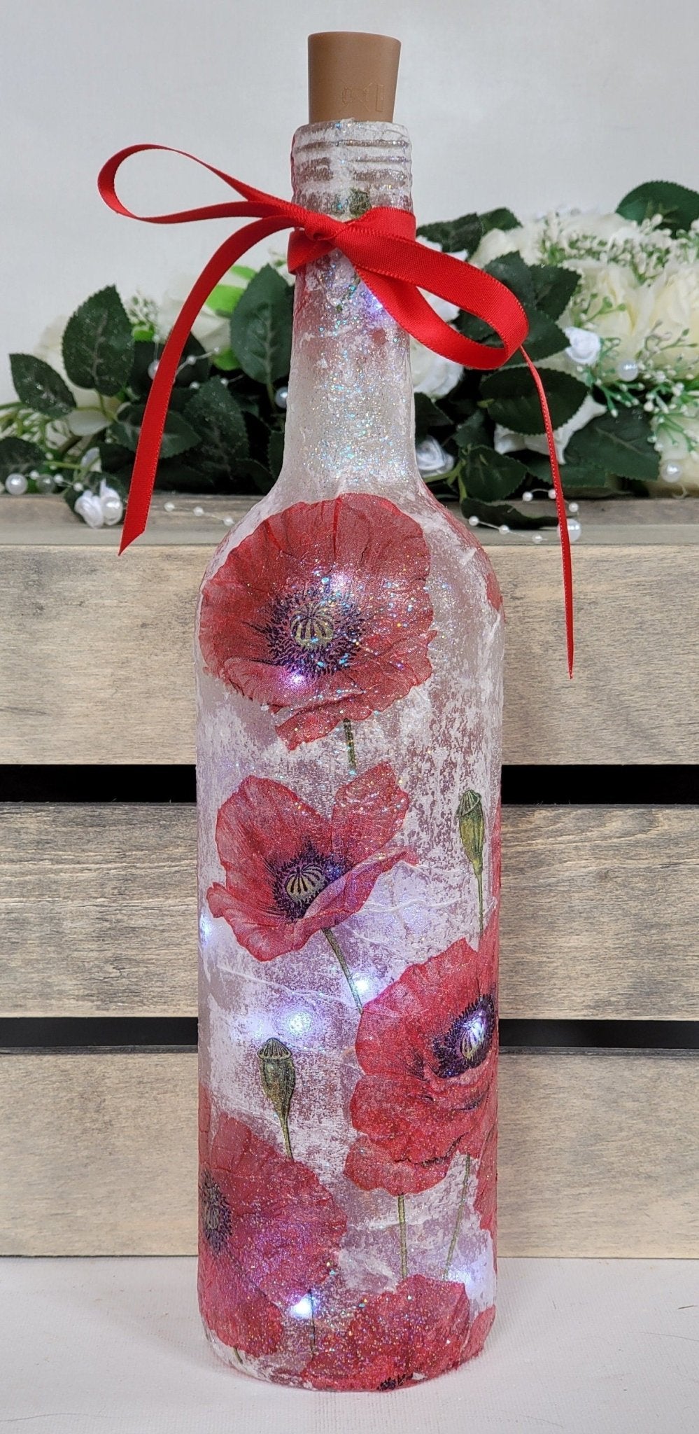 Decoupage Poppy Light Up Wine Bottle - Quantock Inspiration