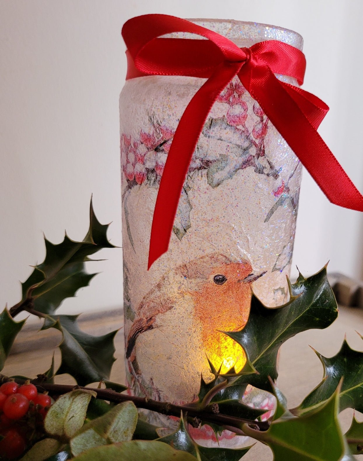 Decoupage Robin Glass Jar Lantern - Quantock Inspiration