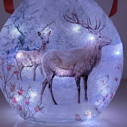 Decoupage Stag Light Up Bottle - Lit up Round glass bottle with Stag detailing. Red bow tied around the neck of the bottle, cork LED lights