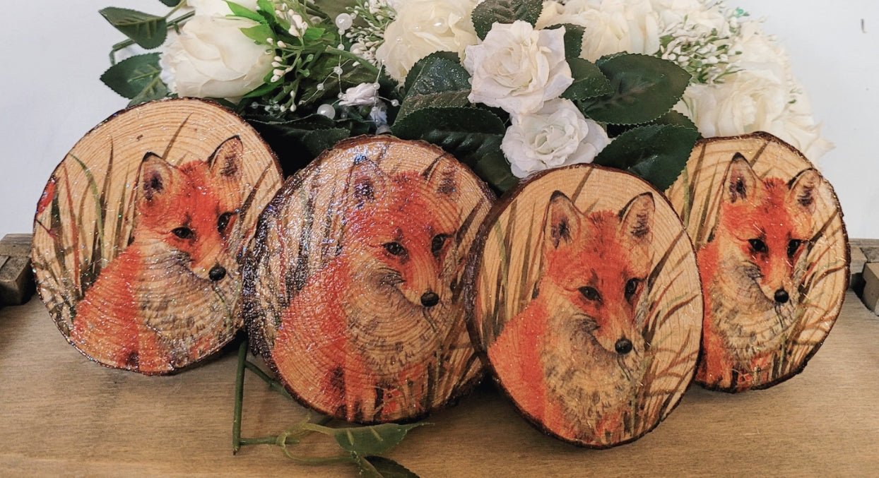 Decoupage Wood Slice Fox Coasters - Quantock Inspiration