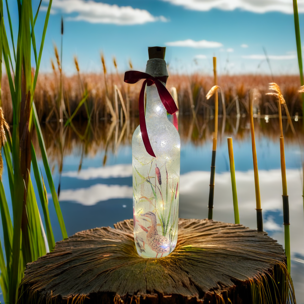 Wine bottle with ducks and ducklings on. Lit up with brown cork. Red ribbon embellishment
