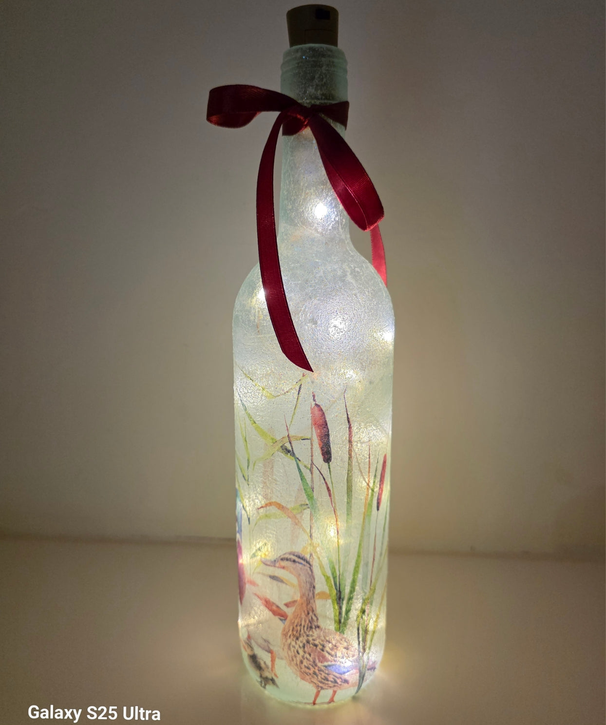 Wine bottle with ducks and ducklings on. Lit up with brown cork. Red ribbon embellishment