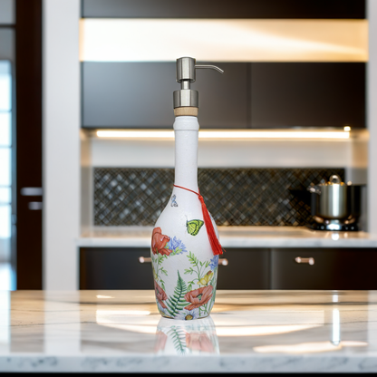 Floral Soap Dispenser | Decoupage Recycled Glass | Quantock Inspiration