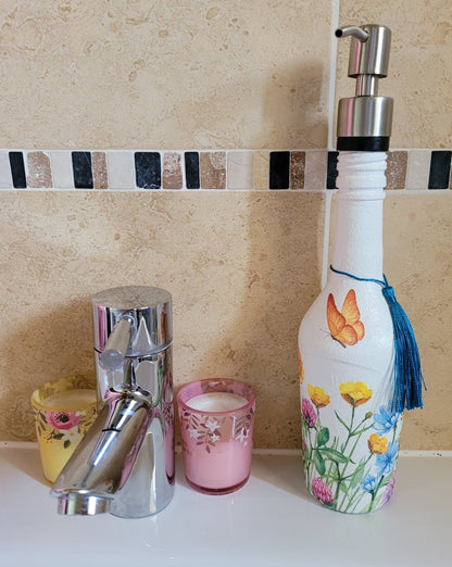 Glass bottle soap dispenser, decoupage soap dispenser, recycled bottle dispenser, soap dispenser - Quantock Inspiration