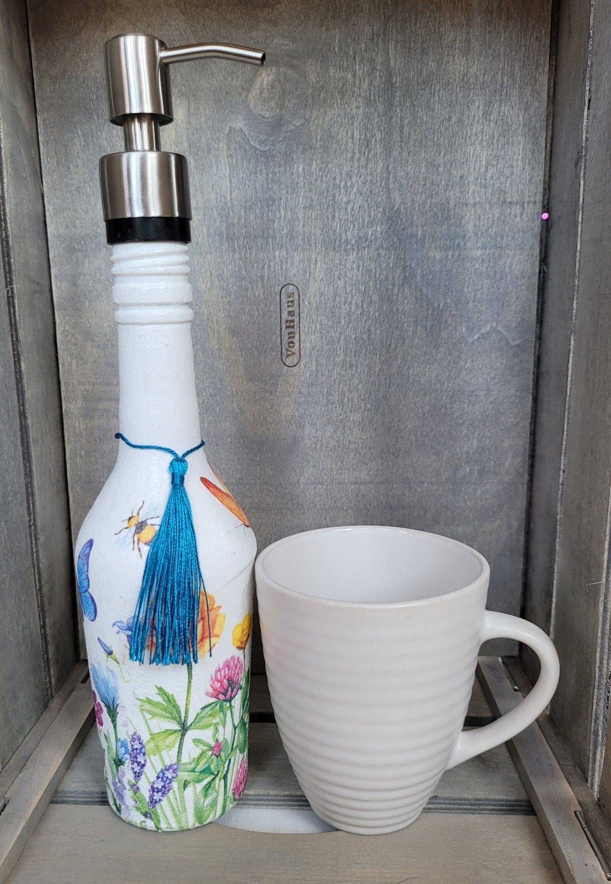 Glass bottle soap dispenser, decoupage soap dispenser, recycled bottle dispenser, soap dispenser - Quantock Inspiration