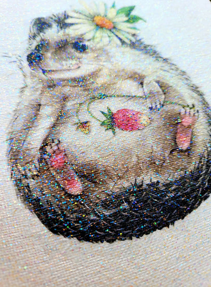 Decorative image of a hedgehog with flowers and beads on a textured background white canvas
