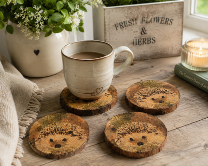 Four round wooden coasters with printed hedgehog faces arranged on a rustic wooden table, with a ceramic mug placed on one coaster. A vase of flowers, a candle, and a sign reading 'Fresh Flowers & Herbs' are visible in the background.