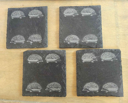Hand Engraved Hedgehog Slate Coasters – Set of 4 | Rustic Country Gift