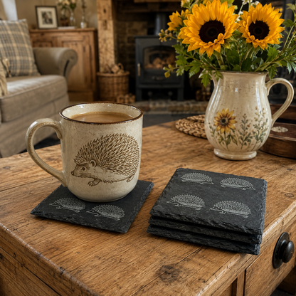 A rustic ceramic mug with a hedgehog illustration sits on a dark slate coaster on a wooden table, with a matching stack of slate coasters and a floral pitcher of sunflowers in the background.