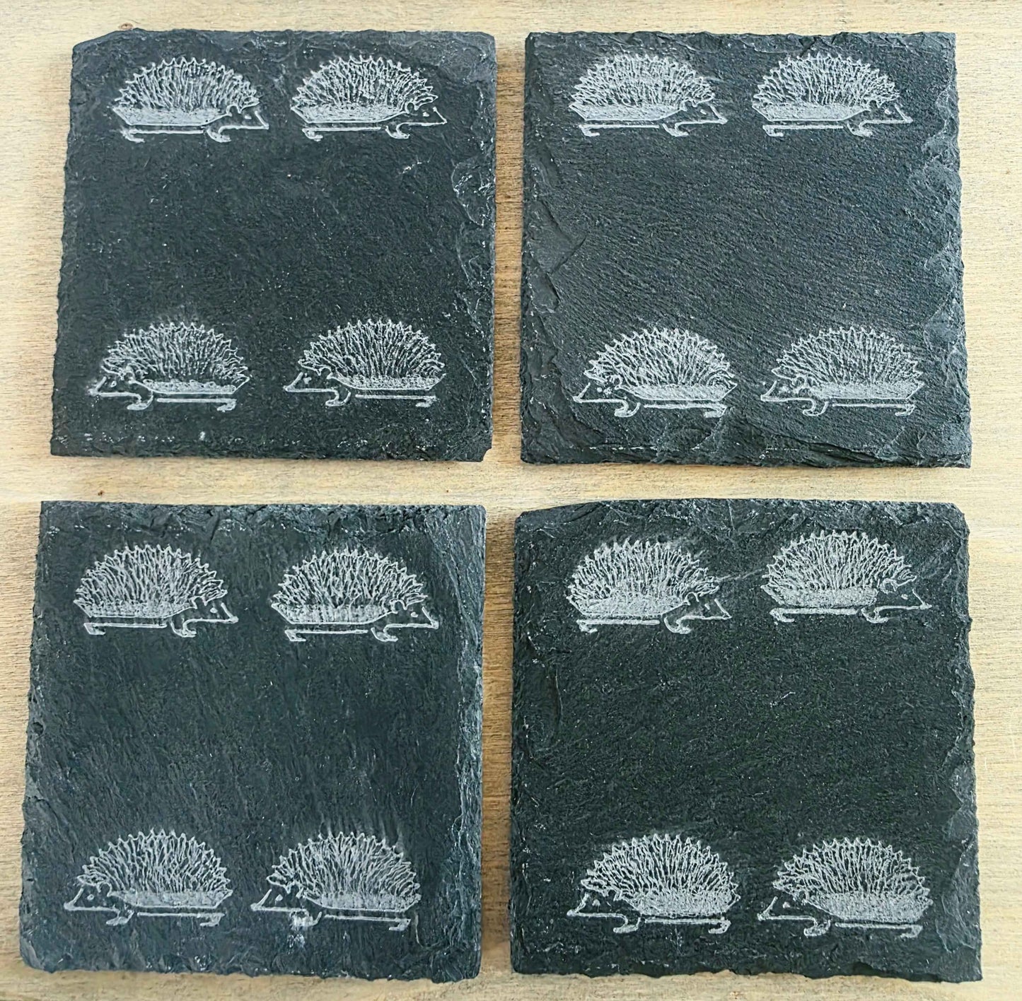 Hand Engraved Hedgehog Slate Coasters – Set of 4 | Rustic Country Gift