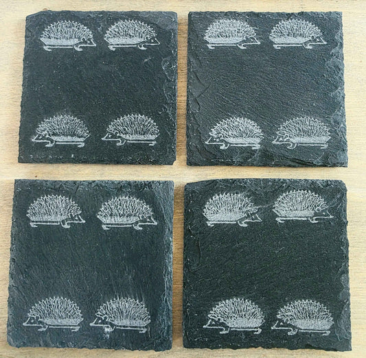 Hand Engraved Hedgehog Slate Coasters – Set of 4 | Rustic Country Gift