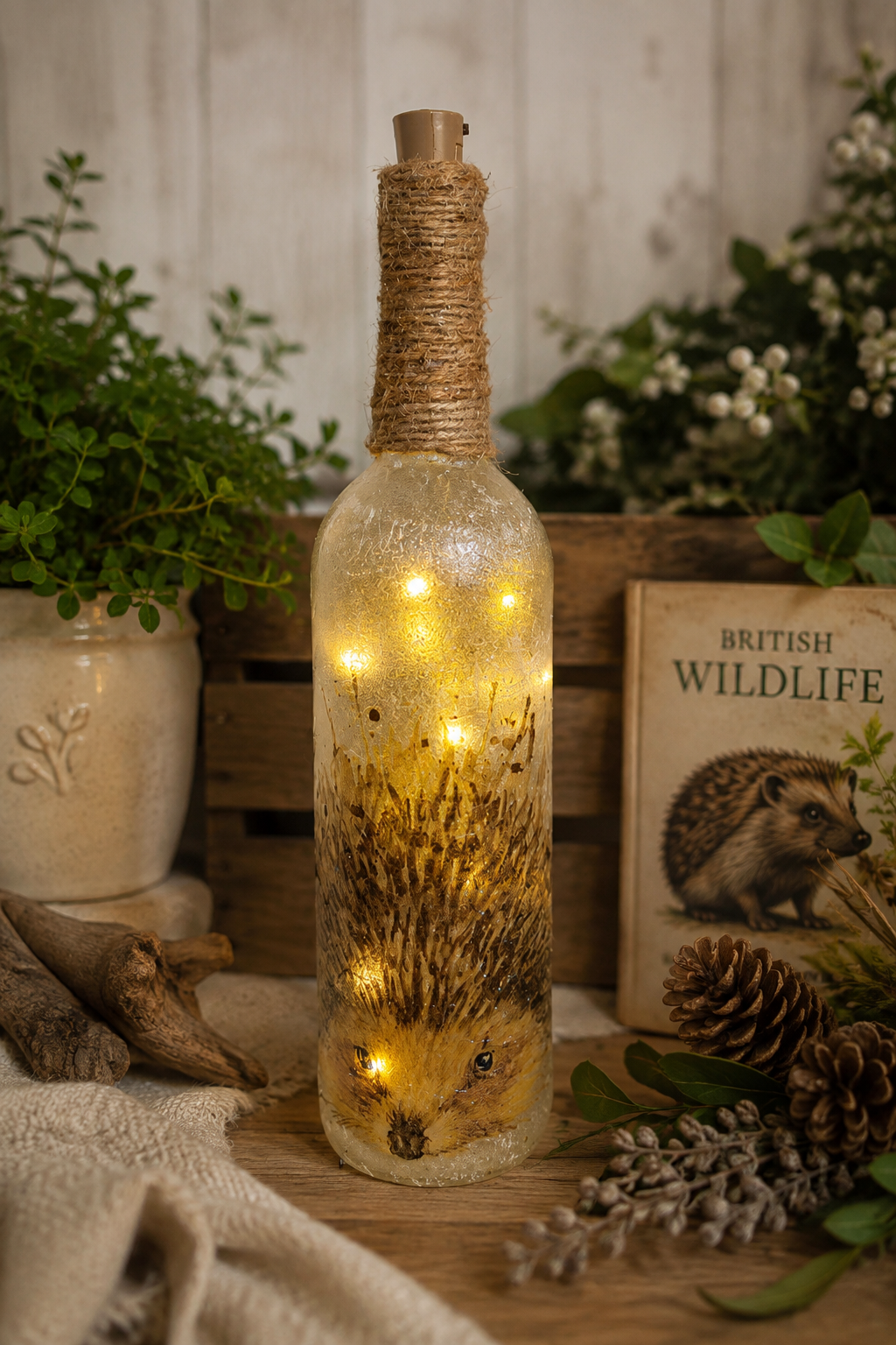 A decorative glass bottle with a cork stopper and wrapped neck, filled with warm fairy lights and a hedgehog image, styled on a wooden surface with plants, a book, and pinecones.