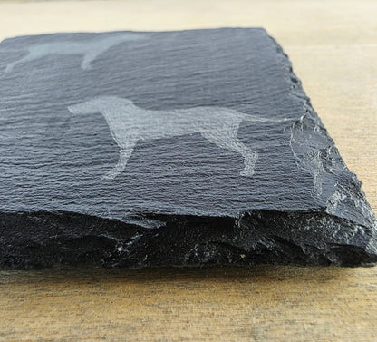 black slate coaster with two labrador etched images on - dogs facing eachother. Showing edge of coaster