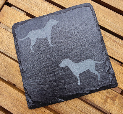  black slate coaster with two labrador etched images on - dogs facing eachother