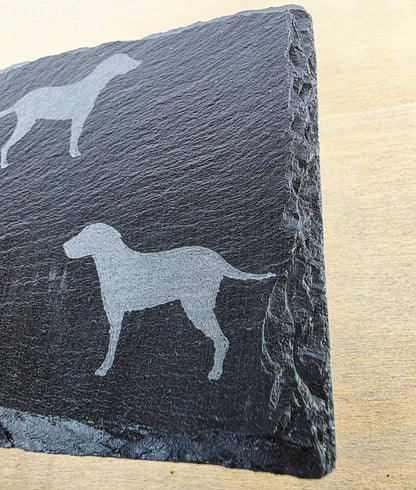 black slate coasters with two labrador etched images on - dogs facing eachother