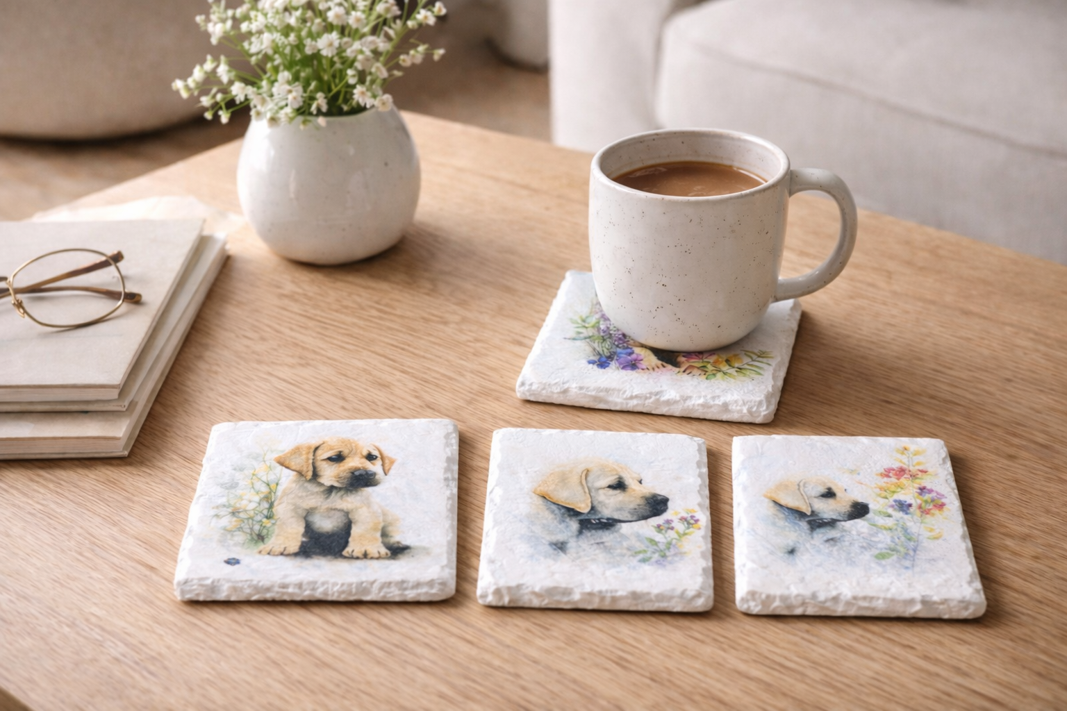 Set of four coasters with dog illustrations on a wooden table with a mug and flowers.
