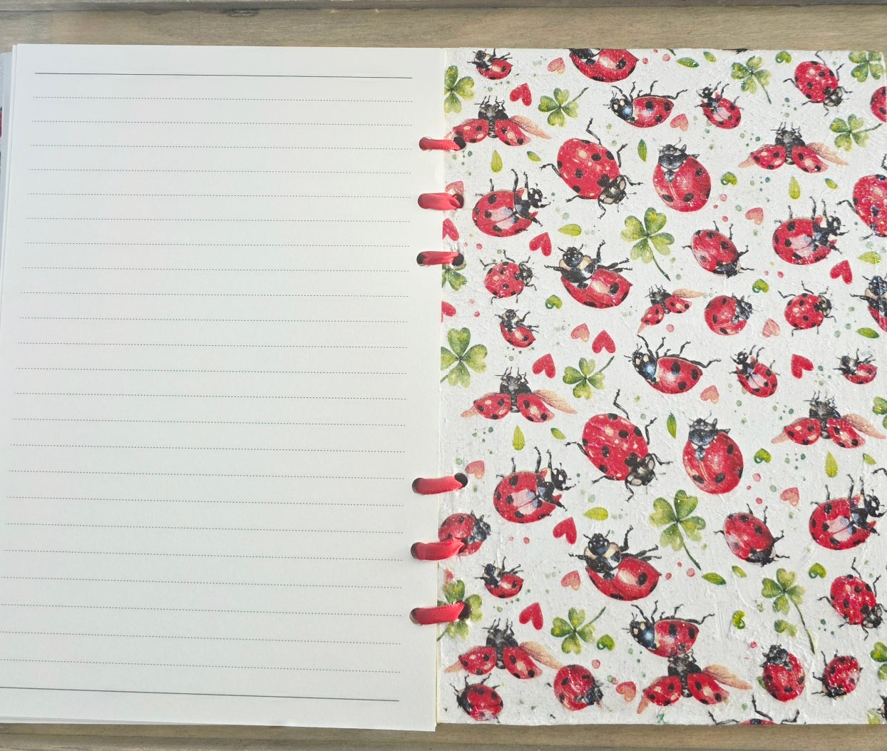 Notebook with a colorful ladybug pattern on the cover. Lined paper and red ribbon bound