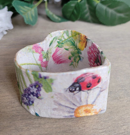 heart shaped box with floral lady bug design