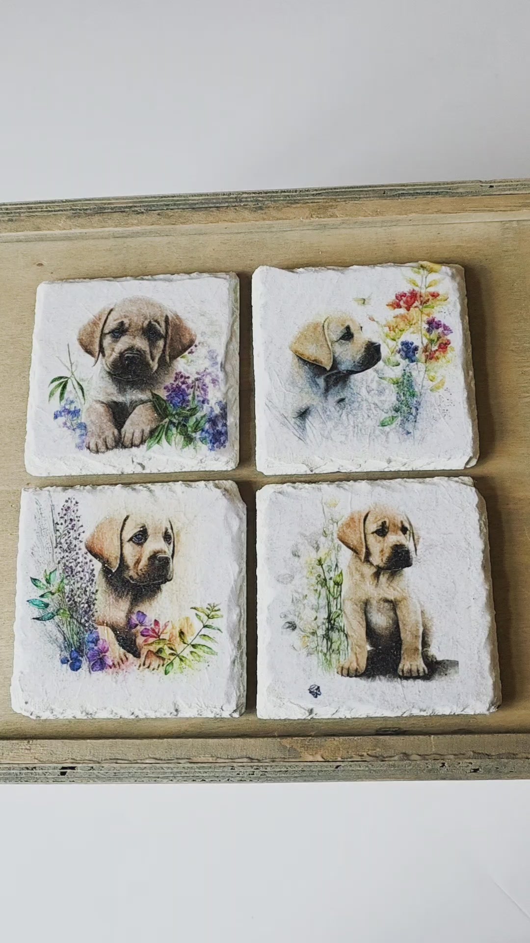 video of Four square slate tiles with illustrations of puppies and flowers on a wooden surface.