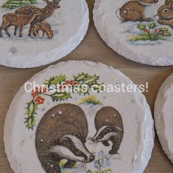 Video view of a Round white painted slate coasters, four, with Badger, Rabbit, Stag and Robin design. Snowy backgrounds