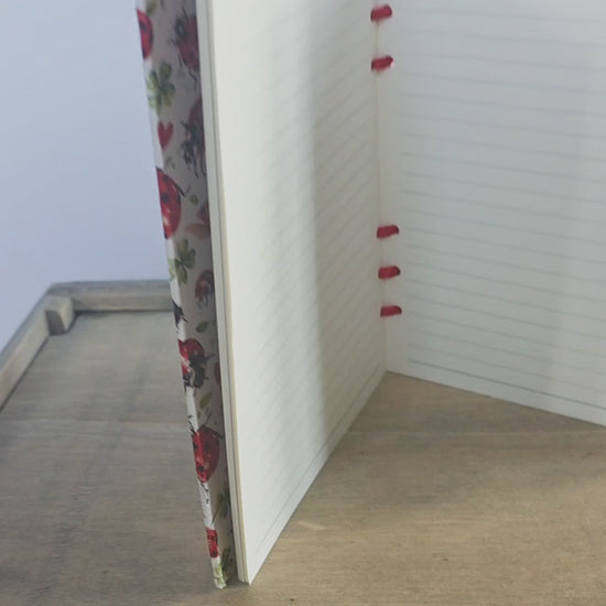 video of a ladybird themed notebook with lined pages and bound with ribbon