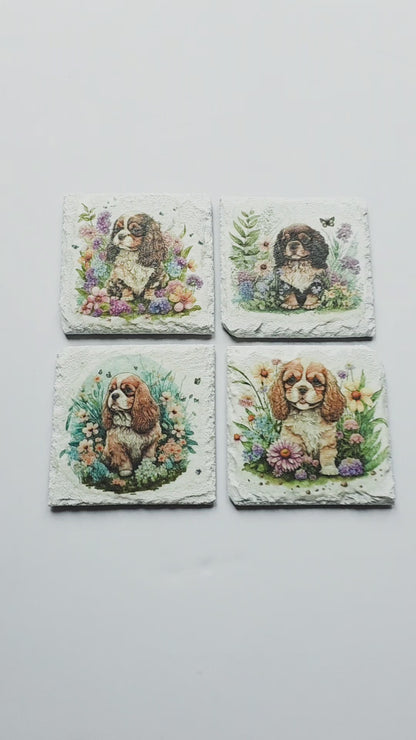 video of Four white square coasters with Cavalier King Charles Spaniel designs on a white surface.