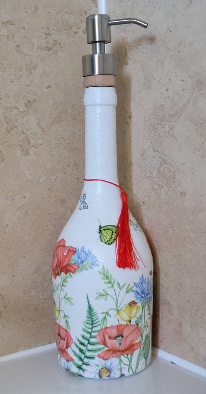Recycled Bottle Dispenser, Decoupage Bottle Dispenser, Glass Dispenser, Bottle Crafts - Quantock Inspiration