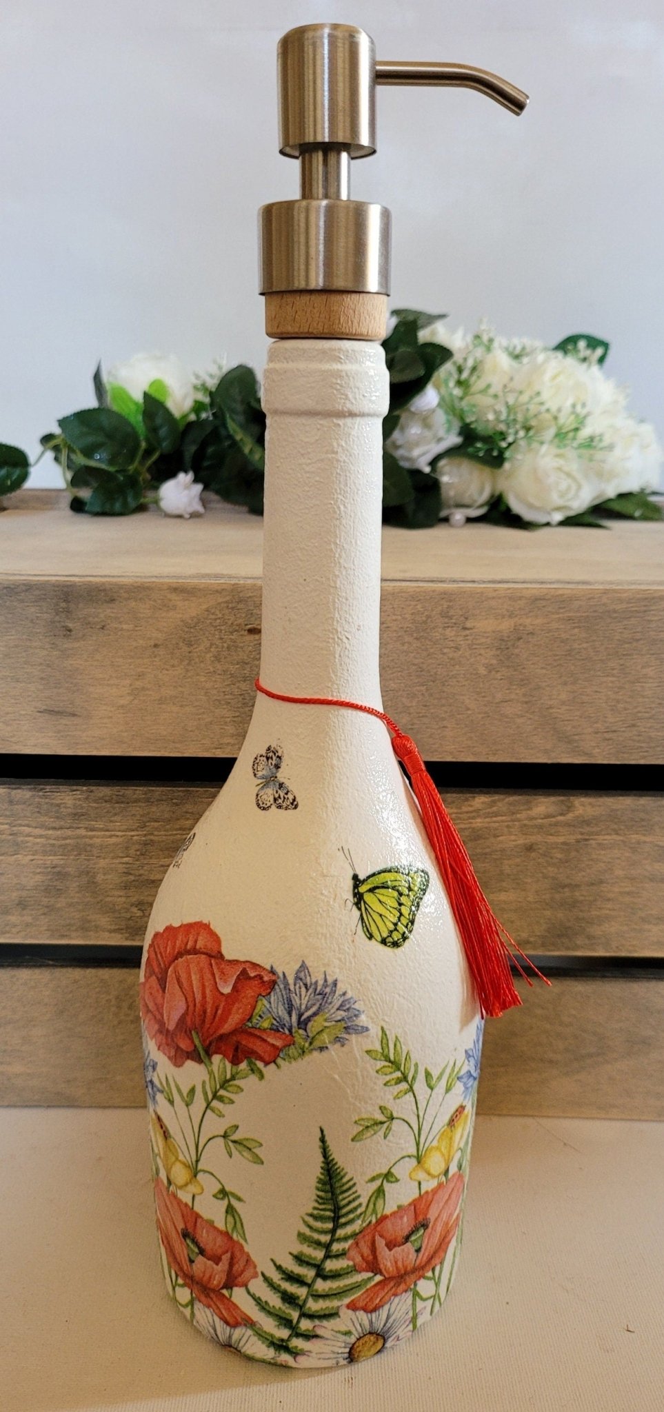 Recycled Bottle Dispenser, Decoupage Bottle Dispenser, Glass Dispenser, Bottle Crafts - Quantock Inspiration