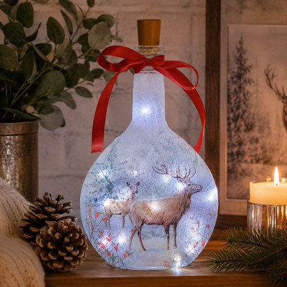 A frosted glass bottle with a cork stopper, decorated with a red ribbon and featuring an illuminated winter scene of deer inside. The bottle is styled on a wooden surface with pinecones, greenery, and a lit candle in a cozy indoor setting.
