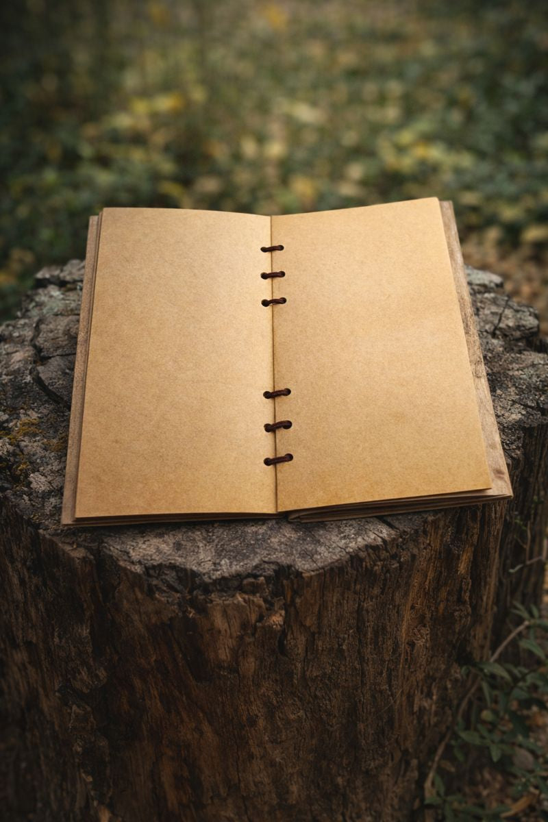 Open notebook on a tree stump with a natural background. Brown plain pages